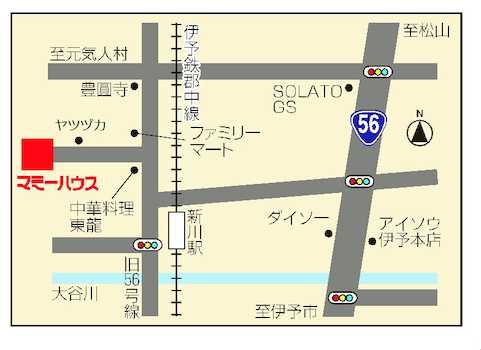 新川海水浴場そば。会社前の駐車場をご利用ください。最寄り駅は伊予鉄郡中線新川駅です。
